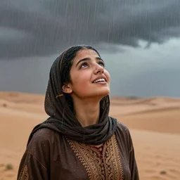 heavy monsoon rain falling on a young bedouin woman in the sahara desert looking up excitedly who is looking up excitedly