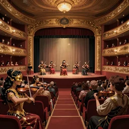 craig mullins and ghibli digital art of inside the grand theater, audience, on the stage, masked female violinists, exotic costumes, gold jewelry, black hair, solo performance unreal engine, hyper realism, realistic shading, cinematic composition, realistic render, octane render, detailed textures, photorealistic, wide shot