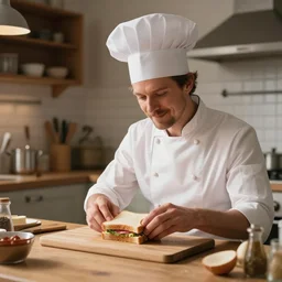 in a cozy kitchen, johnny silverhand in a chef's hat is preparing a sandwich on the table, realistic light, soft light, focus, depth of field, photorealism, 8 k quality, full quality, realistic style