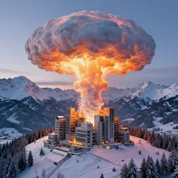matte painting of winter, brutalism bauhaus mushroom cloud szene in bavarian alps, by albert whitlock, amazing details, beautiful composition, vibrant colors, bird eye view, luminescent, warm hue's