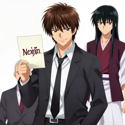 benjamin nethnyahu as light yagami holding a death note and smiling while ryuk the shinigami watches