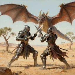 knight fighting dragon by plutus su and chris scalf, desert with small trees and shrubs, painting, detailed, realistic, complimentary colors, light, artstation, cinematic, dramatic lighting, close up, wide angle, intricate design