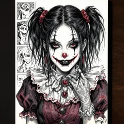 beautiful! coherent!!! rule of thirds, detailed! expert! professional manga seinen concept art portrait art of a goth clowngirl, painted by ilya kuvshinov!!!!! and zdzislaw beksinski # wow