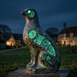 neolithic henry moore sculptures with glowing green ancient mesopotamian symbols etched into it, in ancient medieval english countryside at night, photography photoreal