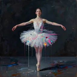 young ballerina floating in paint in a big dark room, painted in style of marlene dumas, andreas gursky, pat steir, oil painting, dripping paint, threads, neon, glitch, intricate details, lonely, psychologic, melancholic, symmetrical face, hyper detailed, rendered in octane, cg society contest winner, altermodern