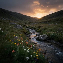 nature, hills, stream, colorful flowers, rocks, sunset, moody, cinematic, 8K, ground up angle