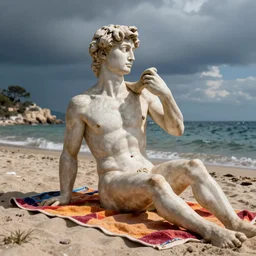 the statue david from michelangelo sunbathing on a colorful towel on the beach in ibiza