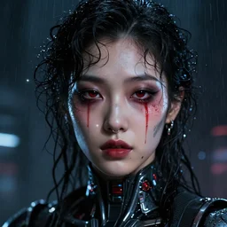 facial portrait of a korean future android with dark smeared makeup, wet curly hair, red tears, nose ring, sci - fi face tattoo, a dark cyberpunk background, lens flare, rain, deep focus, d & d, intricate, elegant, highly detailed, photo, artstation, blade runner, 8 k, sharp focus, octane, unreal engine 5, global illumination, radiant