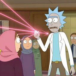 geert wilders as a rick & morty character shooting lasers at women wearing headscarves