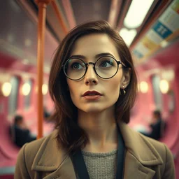 cinematic mid shot of a high detail, woman's face looking off camera, with round glasses. fine facial features. she stands in an empty, pastel colourful 3 d, new york subway scene by jeffrey smart and gregory crewdson and edward hopper, inspired by the grand budapest hotel, lots of pastel colour