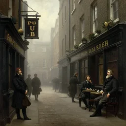 1 9 th century london, art by caspar david friedrich, thomas lawrence, john martin, dark, shady alleys, pub, pub sign, floor fog, coherent composition,