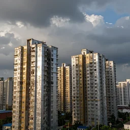 cinematic frame of weathered high rise slums made of silver and gold  glistening and dramatic clouds in the background