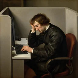 Renaissance painting of a person sitting in an office cubicle, typing on keyboard, stressed