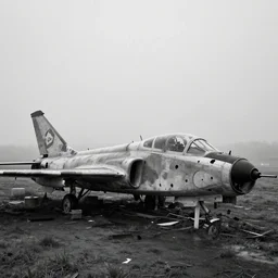 black and white photograph of a crashed abandoned military jet in kansas city, rainy and foggy, soft focus