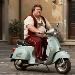 small obese man sitting on a vespa motorbike in traditional italy