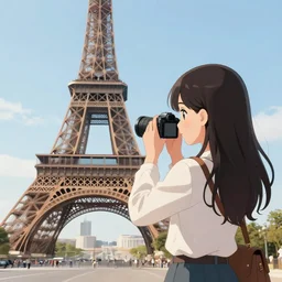 an anime girl taking a picture of the eiffel tower, trending on artstation
