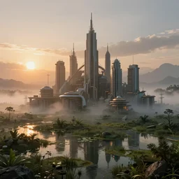 biotechnological city, sunken halfway into a swamp on an alien planet, sunset, atmospheric lighting, fog, concept art, highly detailed