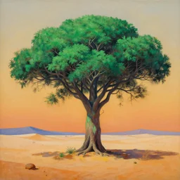 a painting of a majestic green tree in the desert, an airbrush painting by breyten breytenbach, cgsociety, neo - primitivism, dystopian art,! apocalypse landscape!!
