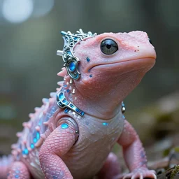 natural light, soft focus portrait of a cyberpunk anthropomorphic salamander with soft synthetic pink skin, blue bioluminescent plastics, smooth shiny metal, elaborate ornate head piece, piercings, skin textures, by annie leibovitz, paul lehr