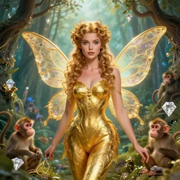 beautiful fairy, perfect face and body, with curls, at her birthday party in a magic garden, monkeys, diamonds and scissors, details, smooth, sharp focus, illustration, realistic, cinematic, artstation, gold, ornate, award winning, original modern artwork, by Peter Mohrbacher, rgb ethereal lighting, 8k