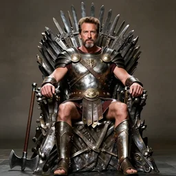 arnold schwarzenegger as king conan, directed by john millius, photorealistic, sitting on a metal throne, wearing ancient cimmerian armor, a battle axe to his side, he has a beard and graying hair, cinematic photoshoot in the style of annie leibovitz, studio lighting