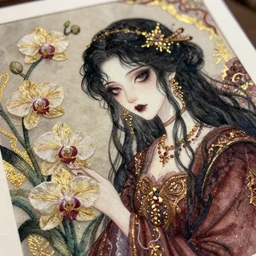 priestess of embroidery and orchids. watercolor and gold leaf by award - winning mangaka, gothic horror, romanticism, intricate details, depth of field