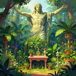 a pagan luscious garden with amazing little altar and plants with a gigantic statue of an ancient god stretching its arms above the garden by beksinski, digital art, colorful, artstation, beksinski