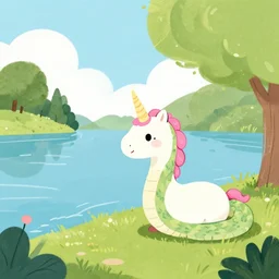 a snake unicorn near a lake, kid illustration style