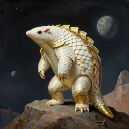 an alien pangolin in white and gold scaled armor standig on a mountain on an alien planet, matte painting, by isaac levitan and asher brown durand,