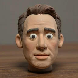 michael keaton!!! extremely realistic!!! smooth specular clay! extremely close smooth specular sculpted headshot of michael keaton clay puppet , soft light dull mood, low saturation, on wooden table. style: claymation puppet kids clay ,by will vinton ,by guldies