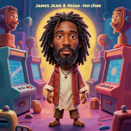 stylish caricature 3 d vfx drew struzan movie poster art of an african jesus in the middle of retro gaming consoles, art style by james jean & hsiao - ron cheng, unreal engine render, digital illustration, sharp, intricate detail, volumetric lighting, ray tracing, soft light, colourful, claymation style, ernie barnes style, symmetry, acrylic on canvas, pinterest, artstation