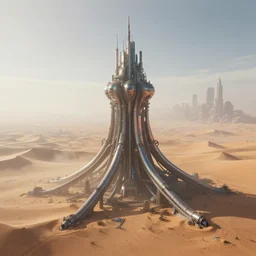a futuristic image of an alien desert with a gigantic complex shaped tower with tubes intersecting, fine detail, by James clyne and Andrée Wallin, foggy, cyberpunk city in the distance, iridescent, artstation, CG society, Ariel view, extra wide angle, morning light