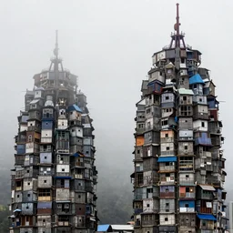 two large towers, made up of makeshift squatter shacks, misty, mamiya rb 6 7, very detailed, photographed by ansel adams