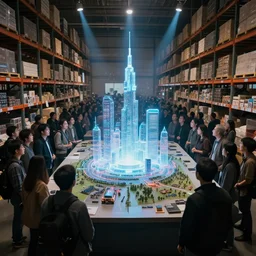 large group people in a huge warehouse, looking at hologram of futuristic city on a table | cinematic concept art | godrays | 4 k | clear details | tabletop model | tabletop model | hologram center
