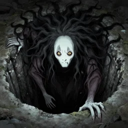 japanese ghost with lots of hair crawling out of a deep well, creepy, horror, terrifying, japanese monster, pixar style, shaded lighting poster by magali villeneuve, artgerm, jeremy lipkin and michael garmash, rob rey and kentaro miura style, trending on art station