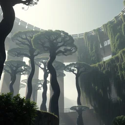 a foreground of tall swirling spiral trees, concrete and ivy in the background, dramatic lighting, mist, hyper detailed, digital art, trending on artstation, cinematic, smooth render, octane render, hyper realistic render