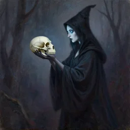 a witch with icy eyes, staring at a cat skull in her hands, a long dark robe, painted by enki bilal and tony sandoval and oliver ledroit. oil painting.