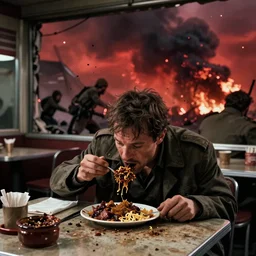 movie scene of a war - man eating dirty meal in the destroyed diner, dynamic lighting, deep red sky, huge violence of war ( 2 0 0 8 )