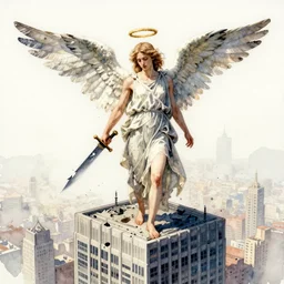 a watercolor ink painting of a fallen angel with a broken halo wielding a jagged broken blade standing on top of a skyscraper in the style of anti - art trending on artstation deviantart pinterest detailed realistic hd 8 k high resolution