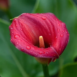 red calla lily dripping morning dew