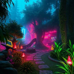 photo environement cyberpunk garden : 4, 4 k rtx hdr volume light concept studio matte painting environement digital illustration style cyberpunk 2 0 7 7 artstation artur tarnowski, mihai muscan, marcin tomalak, marta leydy, marcin stepien, charlotte hughes, zuzanna dabrowa neon bioluminiscence