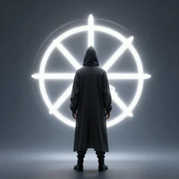 a hooded figure standing in front of an illuminated alchemical symbol surrounded by light, volumetric lighting, wet concrete, vivid detail, cinematic lighting, trending on arstation, beeple, wlop