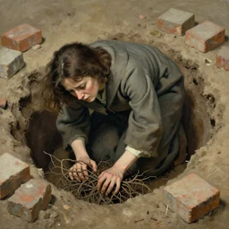an anxious woman in a cloak crawling out of a hole, roots grabbing at her, surrounded by bricks, by paula rego