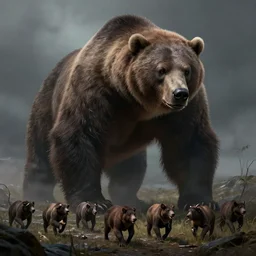 giant grizzly monster looming down at some poachers, dark fantasy, dnd, extremely detailed, sharp focus, smooth, matte painting, concept art, vaporwave style, chiaroscuro, trending on artstation