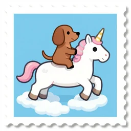 sausage dog riding a unicorn, through the clouds on a postage stamp, artistic rendering, 4 k high rez, abstract design, artstation, ample lighting, dna, intense fantasy