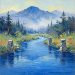 a landscape pastel in the style of noriyoshi ohrai of a blue river to some misty mountains in the background. along the river stands stone pillars that reflect in the water. key art. 4 k fantasy