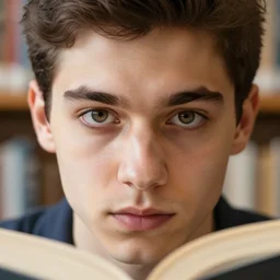 a photograph of a young man in a library studying, dof, sharp focus, highly detailed face, symmetric face, realistic iris, cinestill 8 0 0 t, photography by paolo roversi