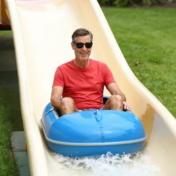 mr rogers wearing sunglasses on a water slide