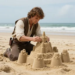 Anakin Skywalker buliding sandcastle on the beach, ArtStation, hyper realistic,