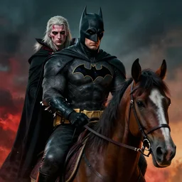 a ( ( witcher ) ) + batman riding horse together, batman at back, witcher riding, 4 k, highly detailed face, detailed eyes, depressed, vibrant, life changing, dramatic, cinematic lighting, digital art, ultra sharp, extreme details, sinful and petty by gerald brom and zadislaw beksinksi and giger